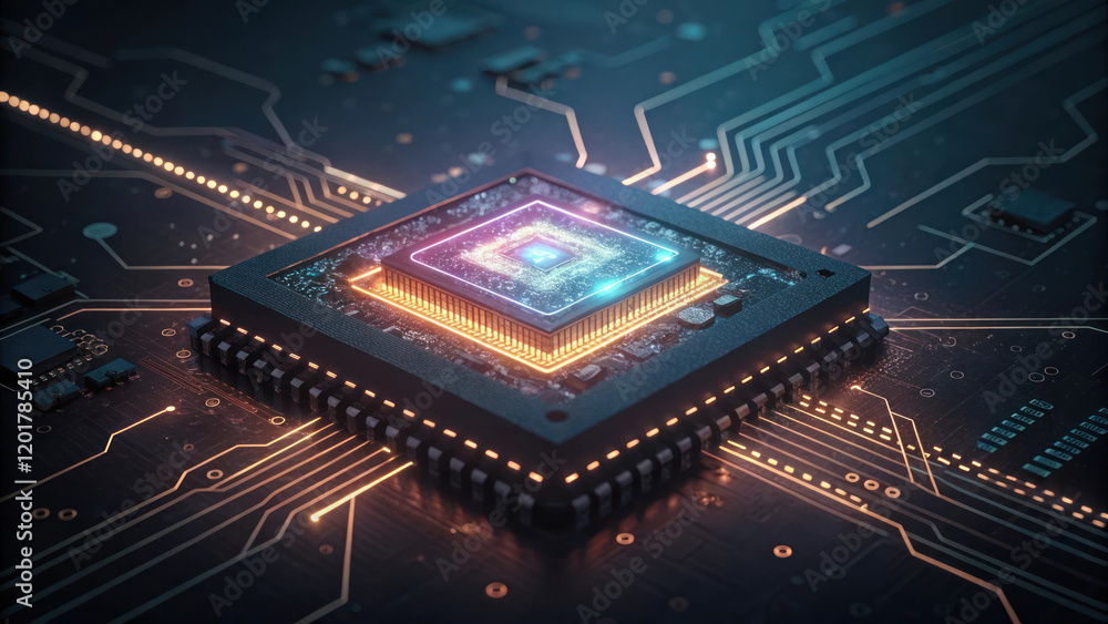 Poster close up of glowing quantum circuits on microchip, showcasing advanced technology and intricate desi