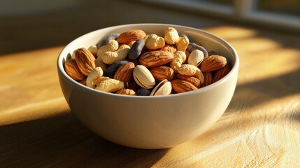Bowl of mixed nuts in sunlight.