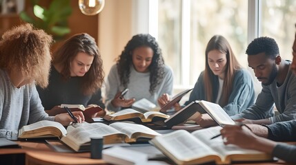 Diverse Students Studying Together Using Many Books
