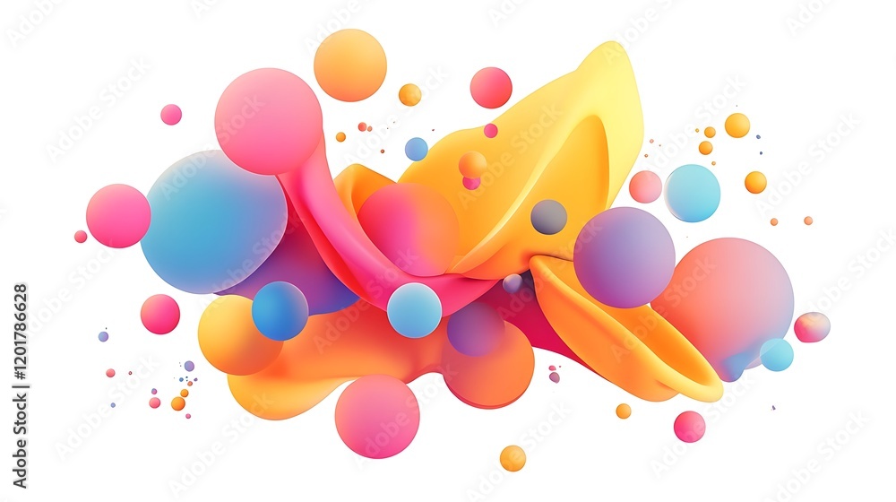 Poster a joyful abstract with bouncing 3d spheres in a variety of vivid colors, floating on a crisp white b