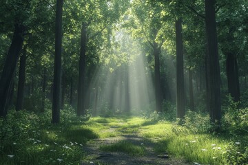 Obraz premium Serene Green Forest with Tall Trees and Sunlight