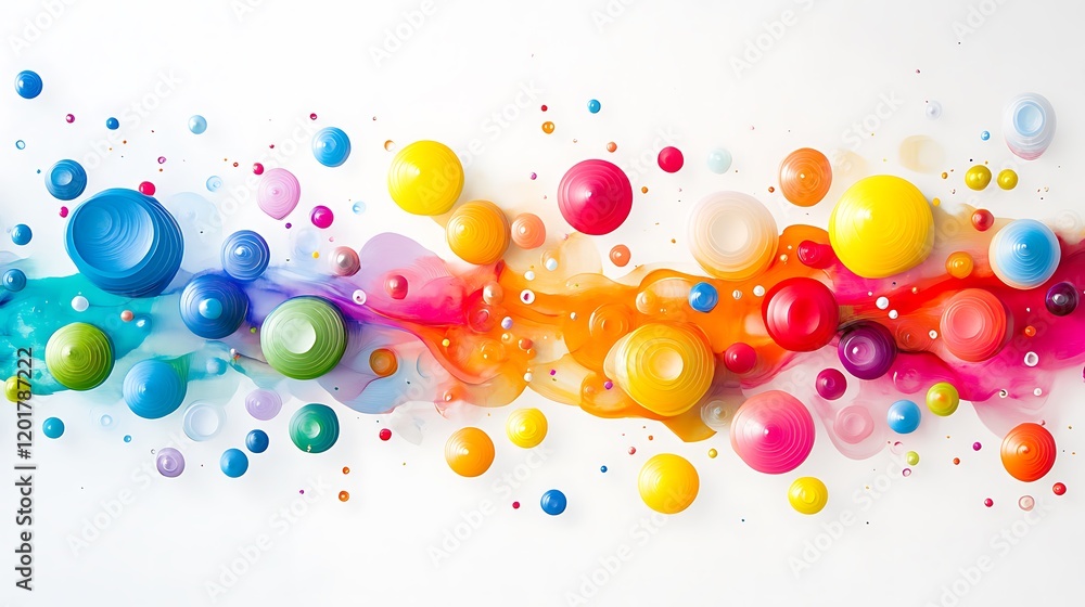 Poster a joyful abstract with bouncing 3d spheres in a variety of vivid colors, floating on a crisp white b