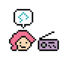 Cartoon pixel character cute woman exercises dance lifestyle listen music love decoration life style 8 bit female girl listen to music game 8bit sing song isolated PNG vector.