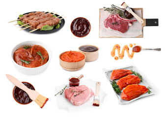 Marinade sauces and different types of marinated meat on white background, collage