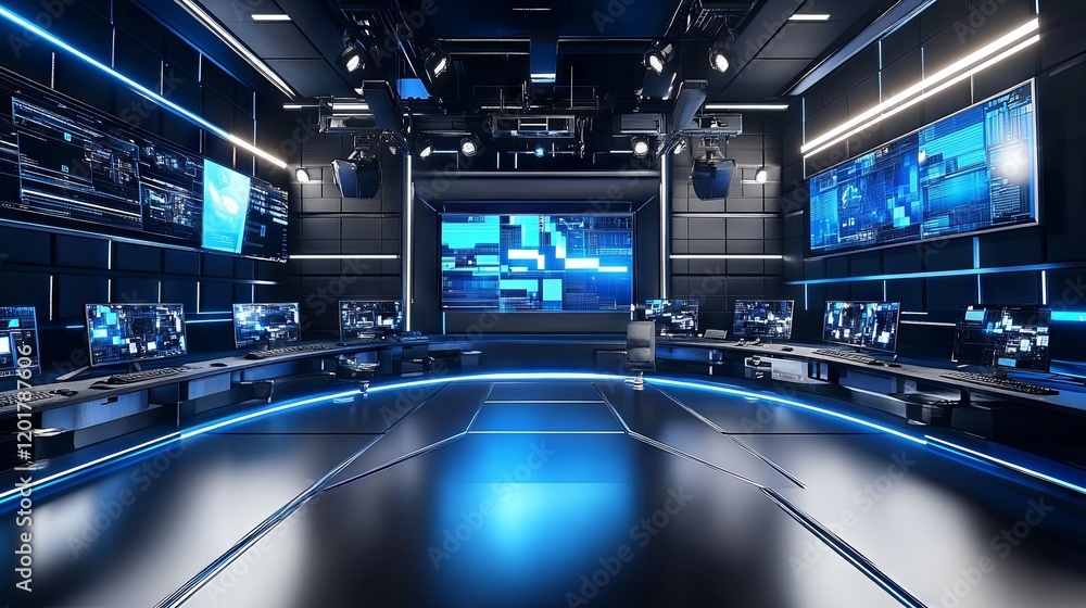 Poster futuristic control room with blue lighting and multiple screens displaying data