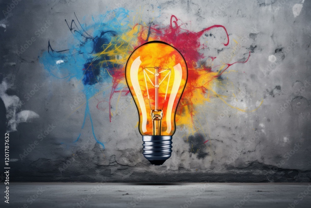 Poster lit light bulb hovering in front of a gray wall with colorful paint splatters, symbolizing creativit