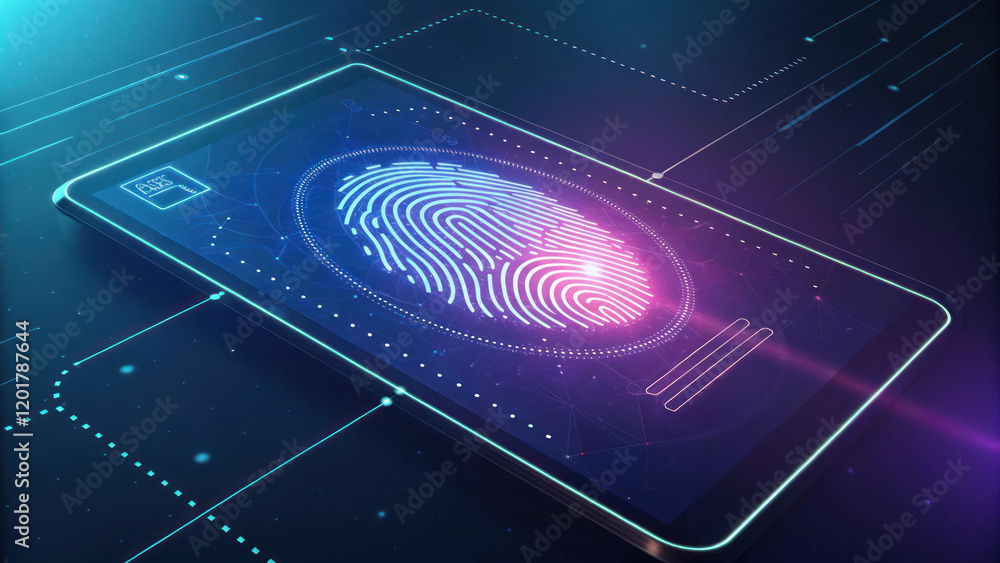 Poster digital fingerprint scan glowing on virtual screen, showcasing security technology and innovation