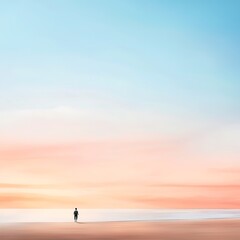 Fototapeta premium Artwork showing a serene beach scene with a person walking along the shore at sunrise