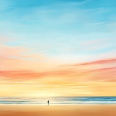 Obraz premium Artwork showing a serene beach scene with a person walking along the shore at sunrise