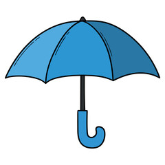 Hand drawn cartoon blue umbrella on white background.