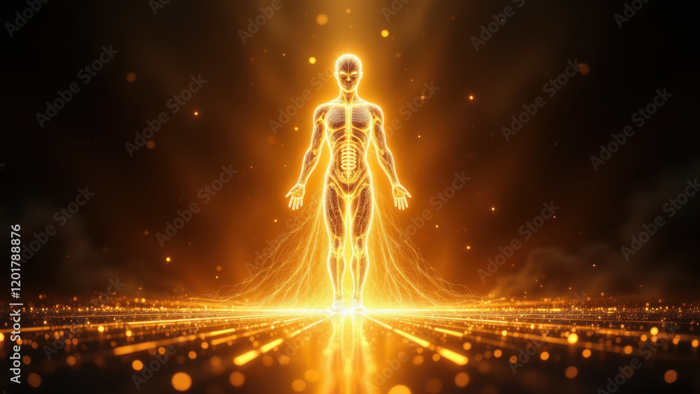 Aufkleber a humanoid ai with glowing form standing amidst digital elements.