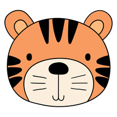 Hand drawn cartoon cute tiger face on white background.