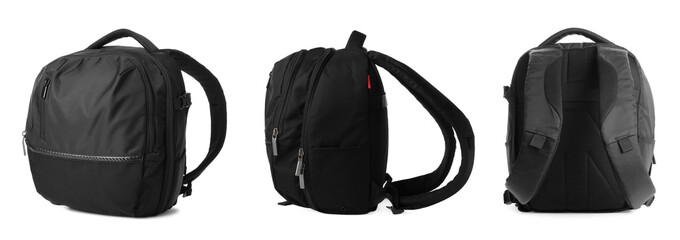 Black backpack isolated on white, collage. Different sides