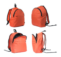Orange backpack isolated on white, collage. Different sides