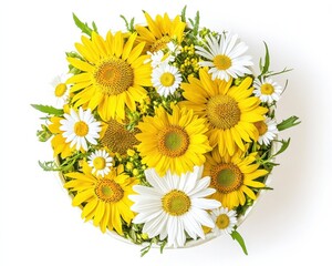 Obraz premium A vibrant bouquet of yellow and white flowers arranged beautifully in a round vase.