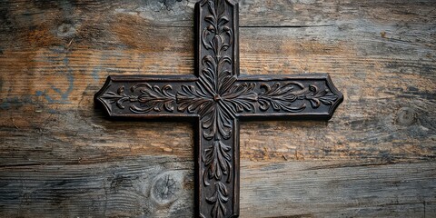 A simple wooden cross with intricate carvings, placed on a rustic background.