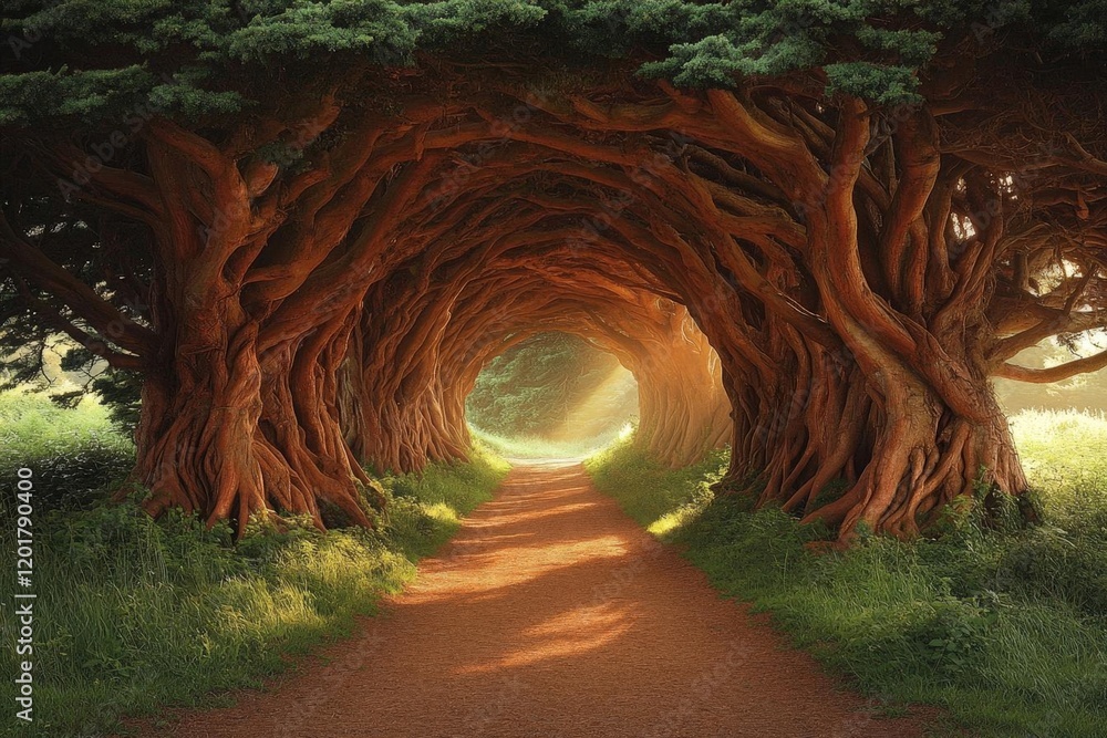 Poster sunlit path through an enchanting forest tunnel of ancient trees