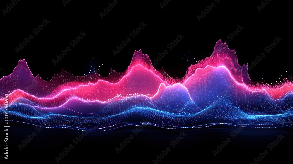 Fototapete dynamic abstract waveform of pink and blue particles glowing in the dark