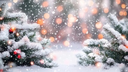 Obraz premium A winter background image showing snow falling on pine tree branches with blurred lights in the background