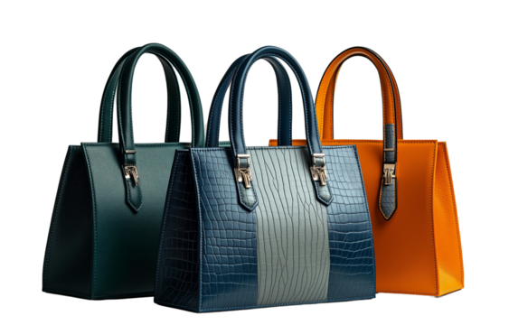  High-end handbag collection, featuring three distinct styles of handbags isolated on transparent background