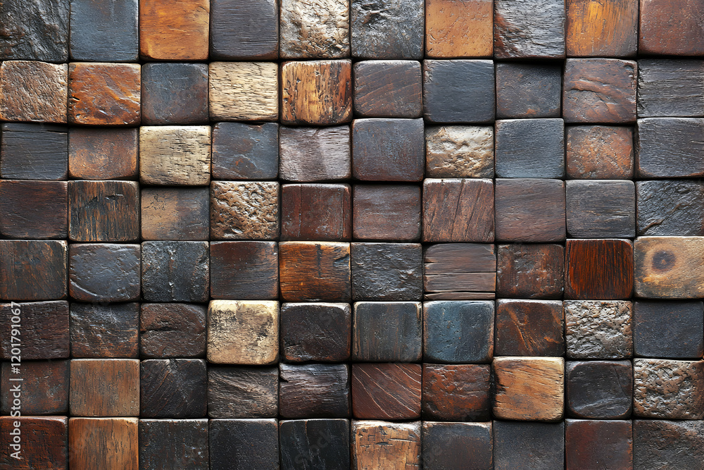 Poster rustic wooden mosaic background texture. various shades of brown, dark and light wood blocks create 
