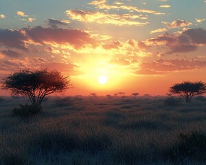 Fototapeta premium African savanna sunset with acacia trees.