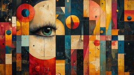 Geometric abstract art featuring a single eye. Warm colors and textured blocks create a captivating and mysterious artwork. Ideal for wall art, posters, and digital backgrounds.