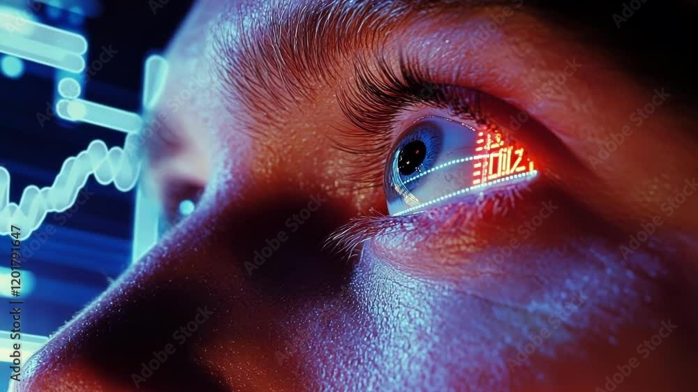 Poster a closeup view of an employees focused eyes under the glow of multiple monitors with line graphs and