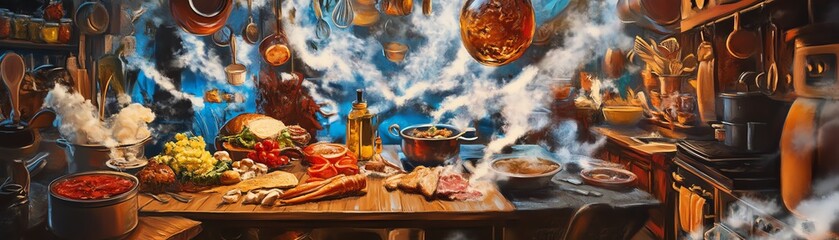 A whimsical, fantasy kitchen scene with steaming pots, colorful ingredients, and magical ambiance. Perfect for illustrating fantasy cooking, potions, or a magical setting.