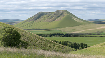 Fototapeta premium Serene landscape featuring rolling green hills and a majestic, verdant mountain in the background under a partly cloudy sky.