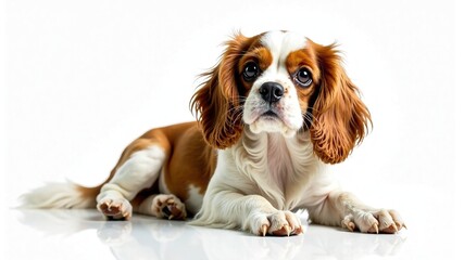 Adorable Cavalier King Charles Spaniel, Lying Down, White Background, High-Quality Photo