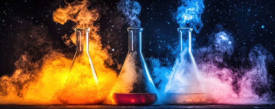 Erlenmeyer flasks steaming, cosmic background, science experiment