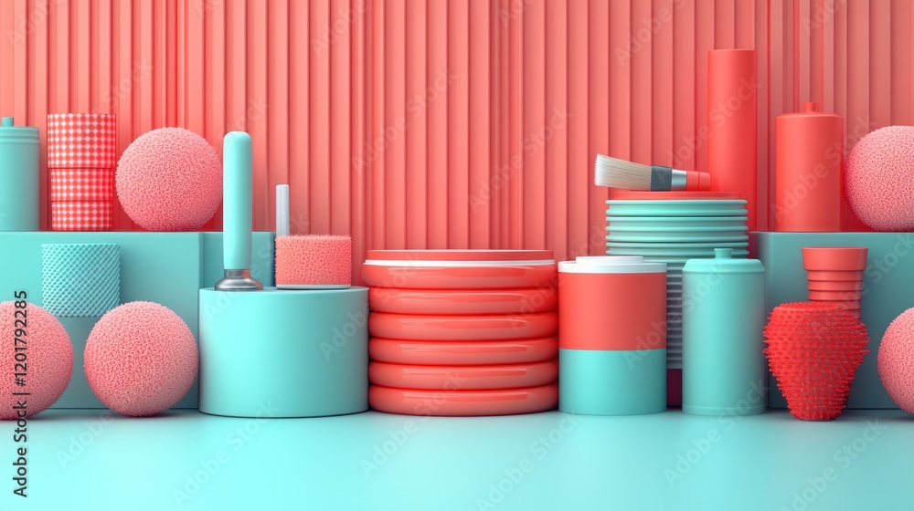 Poster coral and teal geometric shapes and objects on a textured background.