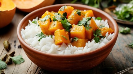 Image of rice and butternut squash curry with coconut milk and cilantro in a terracotta bowl, emphasizing creamy and aromatic qualities. Ideal for vegetarian dishes and comfort food.