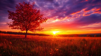 Solitary Autumn Tree Sunset Landscape Scene