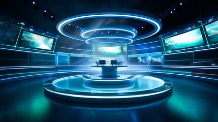 Futuristic News Studio Set Design: Blue and Green Lighting