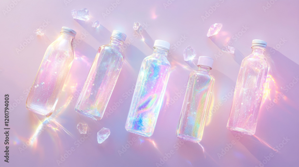 Poster holographic bottles reflecting light in a serene setting with scattered crystal shards