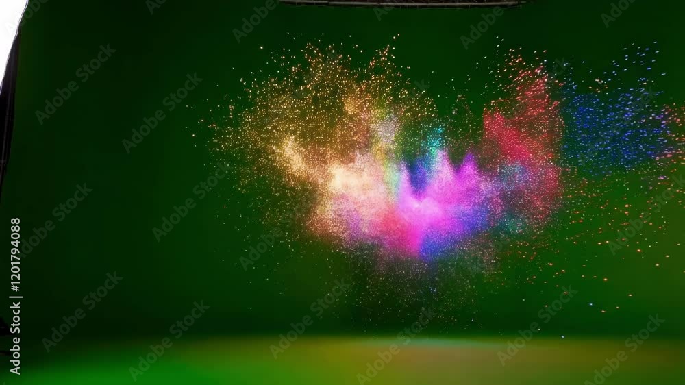 Poster multicolored particles explode and expand, creating a vibrant cloud effect against a solid green bac