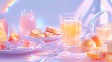 Colorful Holographic Breakfast Featuring Pastries, Fruit, and Beverages on a Bright Table Setting