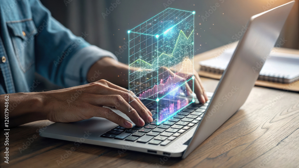 Aufkleber hands typing on laptop with 3d holographic data visualization, showcasing graphs and charts