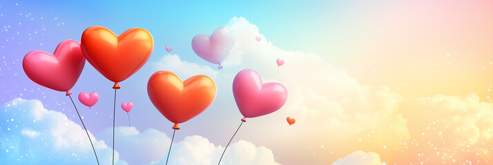 Brightly colored heart-shaped balloons drift in a vibrant blue sky with soft clouds. Generative AI