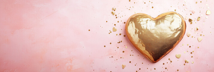 A golden heart rests on soft pink, surrounded by shimmering accents for celebration. Generative AI