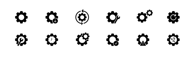 Gear icon set. Glyph gearwheel mechanism. Cogwheel service icon