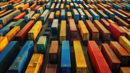 A massive shipping container yard, viewed from above, organized rows of containers in different colors, efficiency in shipping 