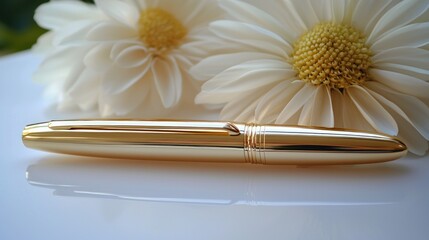 Gold pen with white flowers.