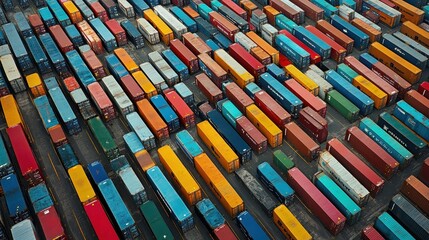 A massive shipping container yard, viewed from above, organized rows of containers in different colors, efficiency in shipping 