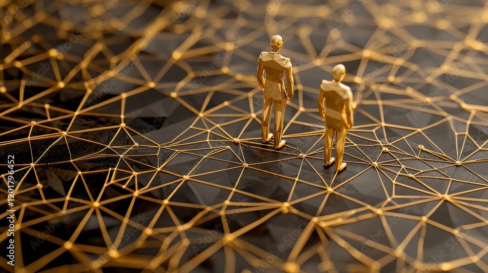 Poster two golden figures on abstract network background in 2090 setting