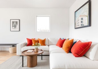 Minimalist home interior design of modern living room with a white sofa, vibrant orange and blue cushions, and modern artwork 