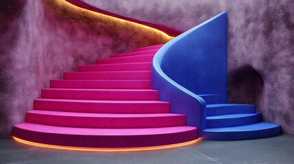 Pink and blue curved staircase in a textured wall
