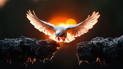 White dove flying sunset rocks hope peace nature